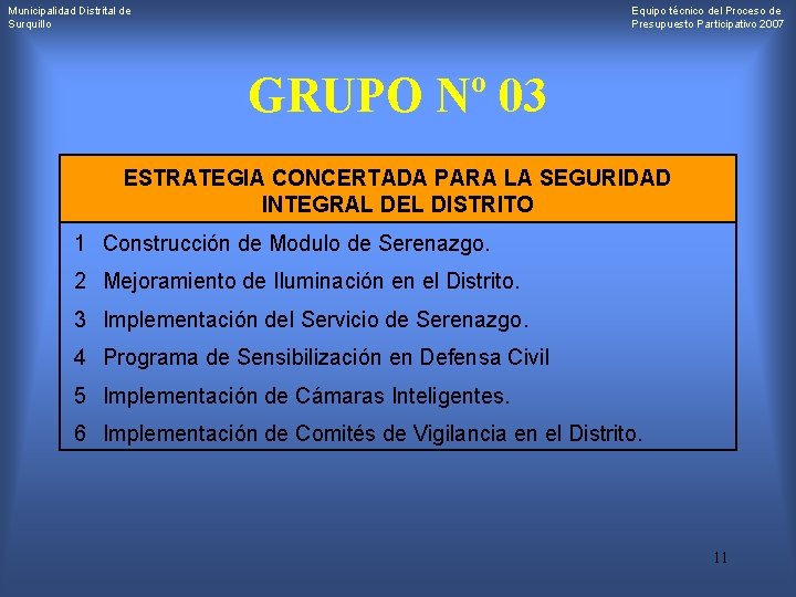 Municipalidad Distrital de Surquillo Equipo técnico del Proceso de Presupuesto Participativo 2007 GRUPO Nº