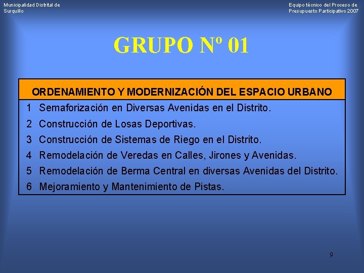 Municipalidad Distrital de Surquillo Equipo técnico del Proceso de Presupuesto Participativo 2007 GRUPO Nº