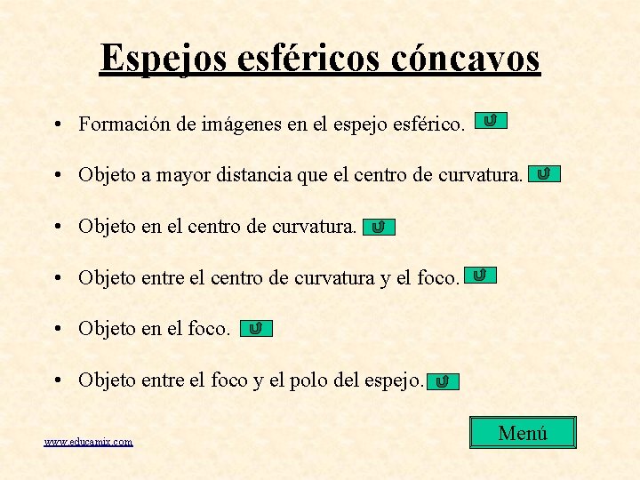 Espejos esféricos cóncavos • Formación de imágenes en el espejo esférico. • Objeto a Espejos esféricos cóncavos • Formación de imágenes en el espejo esférico. • Objeto a