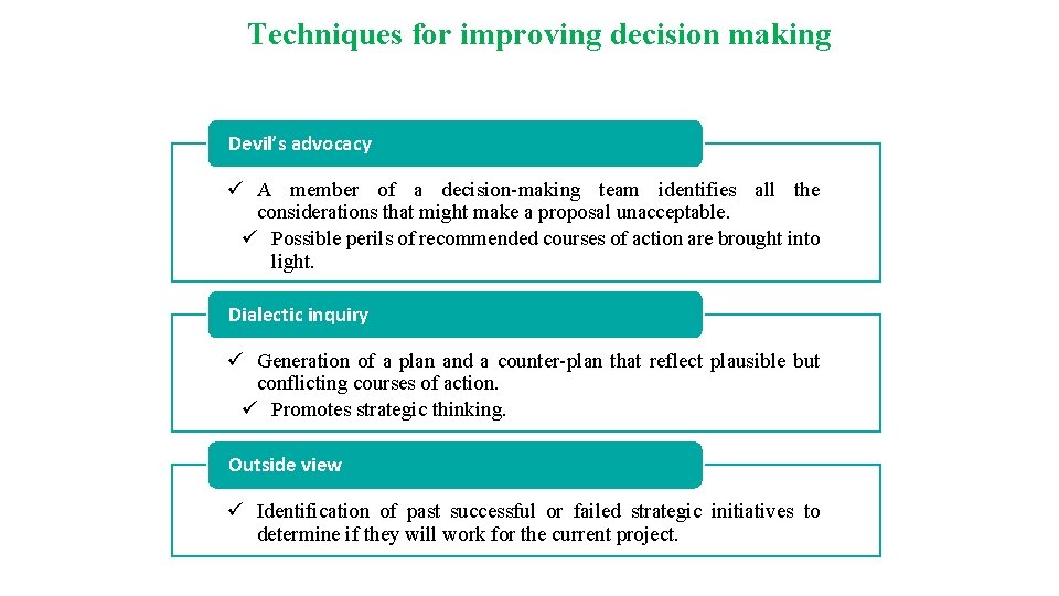 Techniques for improving decision making Devil’s advocacy ü A member of a decision-making team