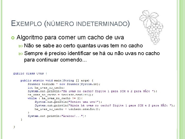 EXEMPLO (NÚMERO INDETERMINADO) Algoritmo para comer um cacho de uva Não se sabe ao