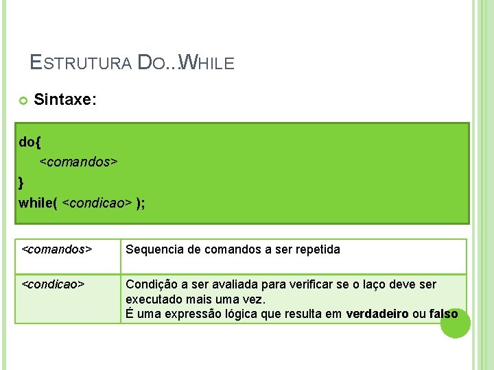 ESTRUTURA DO. . . WHILE Sintaxe: do{ <comandos> } while( <condicao> ); <comandos> Sequencia