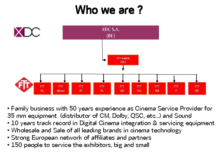 Who we are ? XDC S. A. (BE) FTT Gmb. H (DE) FTT NL