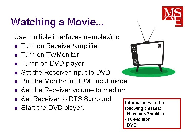 Watching a Movie. . . Use multiple interfaces (remotes) to l Turn on Receiver/amplifier