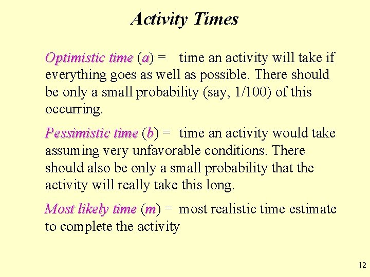 Activity Times Optimistic time (a) = time an activity will take if everything goes