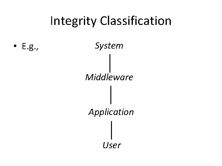 Integrity Classification • E. g. , System Middleware Application User 