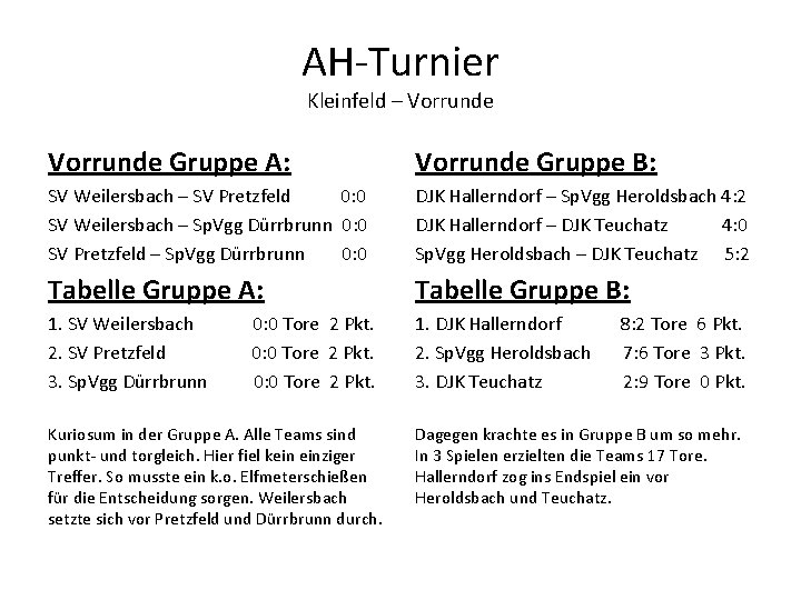 AH-Turnier Kleinfeld – Vorrunde Gruppe A: Vorrunde Gruppe B: SV Weilersbach – SV Pretzfeld