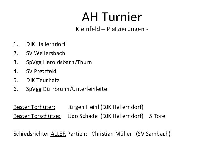 AH Turnier Kleinfeld – Platzierungen 1. 2. 3. 4. 5. 6. DJK Hallerndorf SV