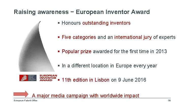 Raising awareness − European Inventor Award § Honours outstanding inventors § Five categories and