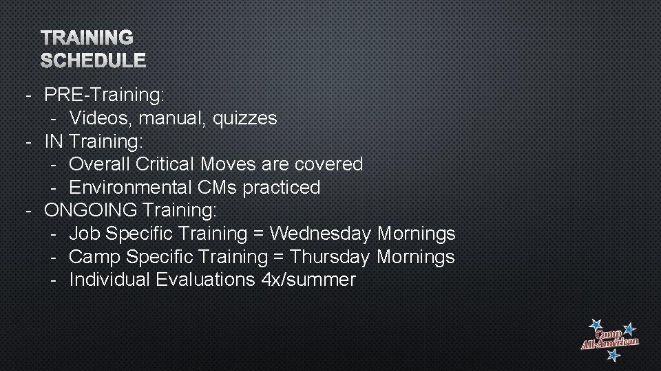 TRAINING SCHEDULE - PRE-Training: - Videos, manual, quizzes - IN Training: - Overall Critical