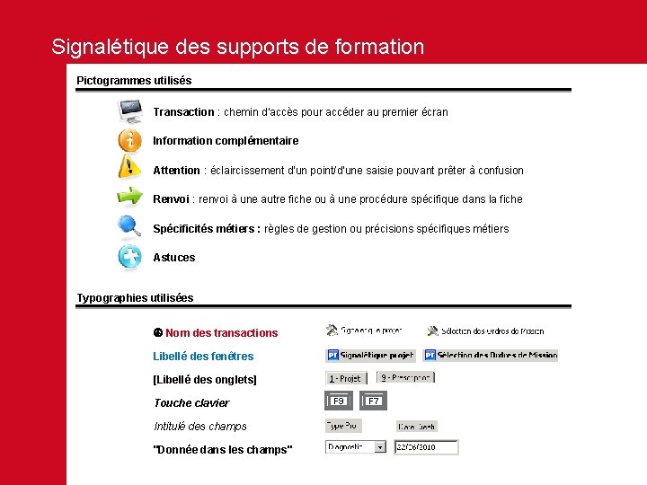 Signalétique des supports de formation Pictogrammes utilisés Transaction : chemin d'accès pour accéder au