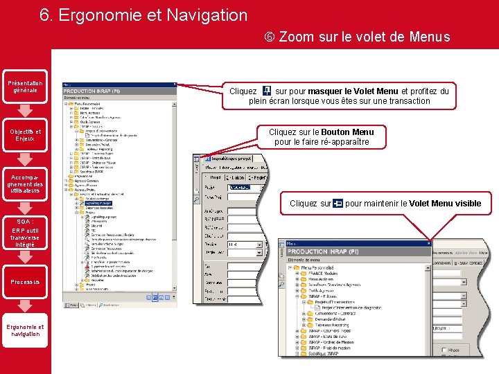 6. Ergonomie et Navigation Zoom sur le volet de Menus Présentation générale Objectifs et