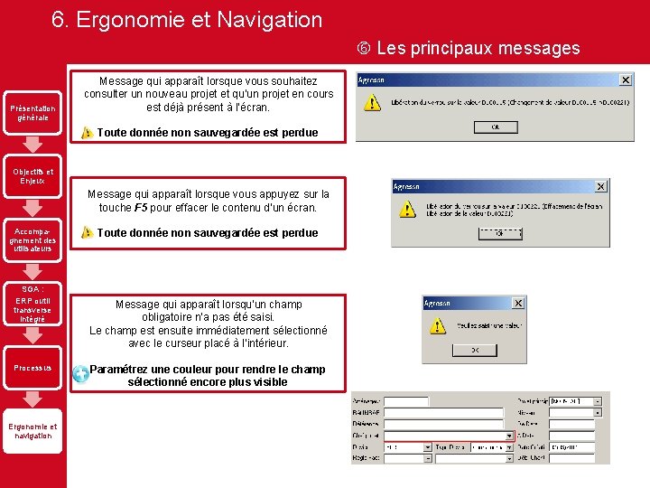 6. Ergonomie et Navigation Les principaux messages Présentation générale Message qui apparaît lorsque vous