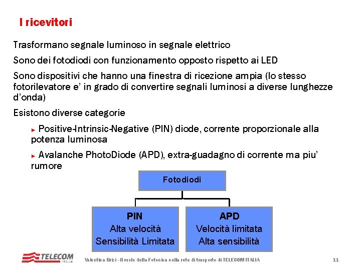 I ricevitori Trasformano segnale luminoso in segnale elettrico Sono dei fotodiodi con funzionamento opposto I ricevitori Trasformano segnale luminoso in segnale elettrico Sono dei fotodiodi con funzionamento opposto