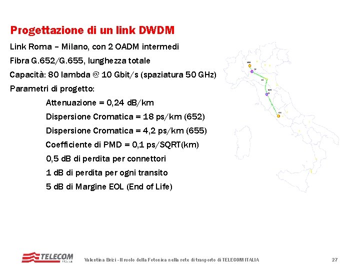 Progettazione di un link DWDM Link Roma – Milano, con 2 OADM intermedi Fibra Progettazione di un link DWDM Link Roma – Milano, con 2 OADM intermedi Fibra