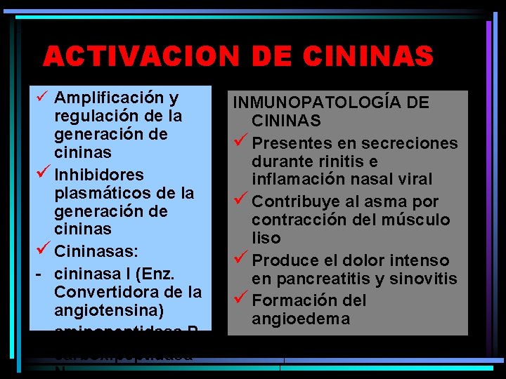 ACTIVACION DE CININAS ü Amplificación y regulación de la generación de cininas ü Inhibidores