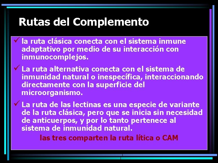 Rutas del Complemento ü la ruta clásica conecta con el sistema inmune adaptativo por