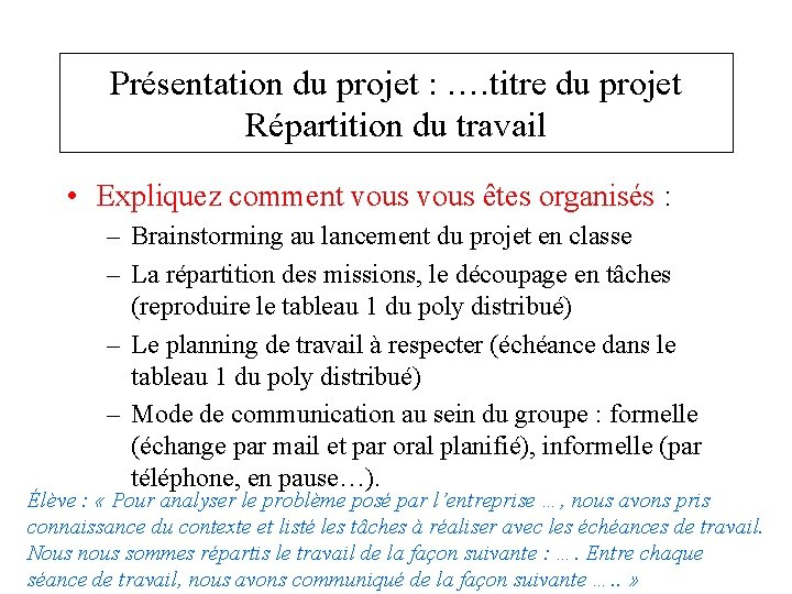 Présentation du projet : …. titre du projet Répartition du travail • Expliquez comment