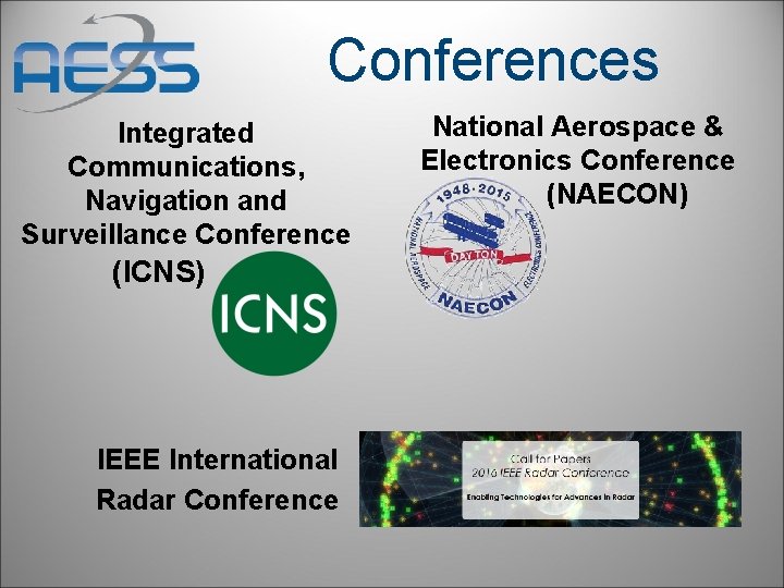 Conferences Integrated Communications, Navigation and Surveillance Conference (ICNS) IEEE International Radar Conference National Aerospace