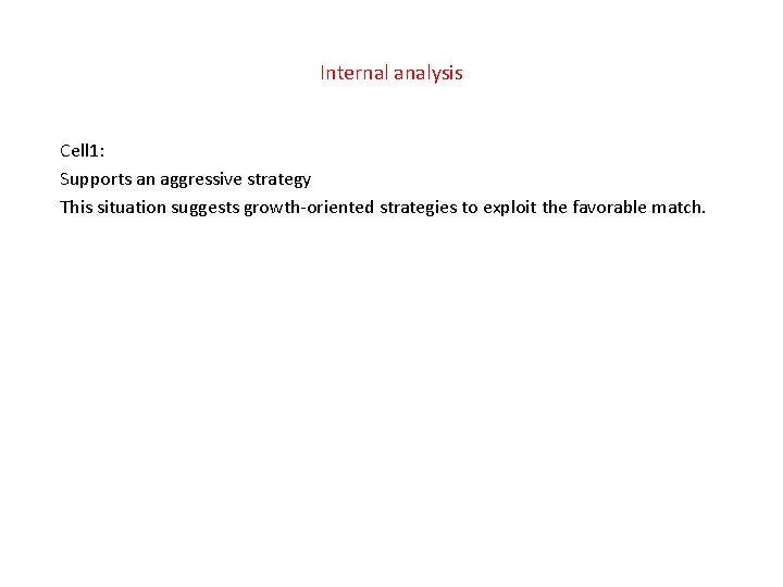 Internal analysis Cell 1: Supports an aggressive strategy This situation suggests growth-oriented strategies to