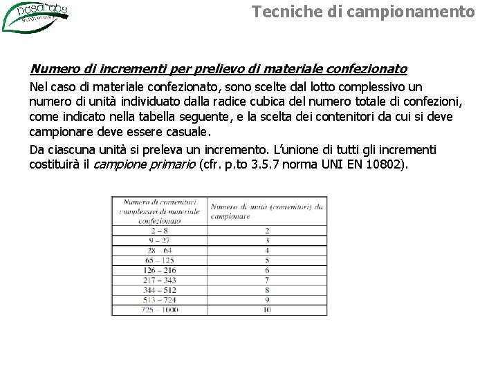 Tecniche di campionamento Numero di incrementi per prelievo di materiale confezionato Nel caso di