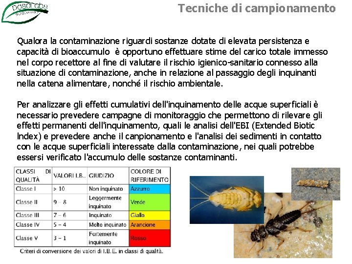 Tecniche di campionamento Qualora la contaminazione riguardi sostanze dotate di elevata persistenza e capacità