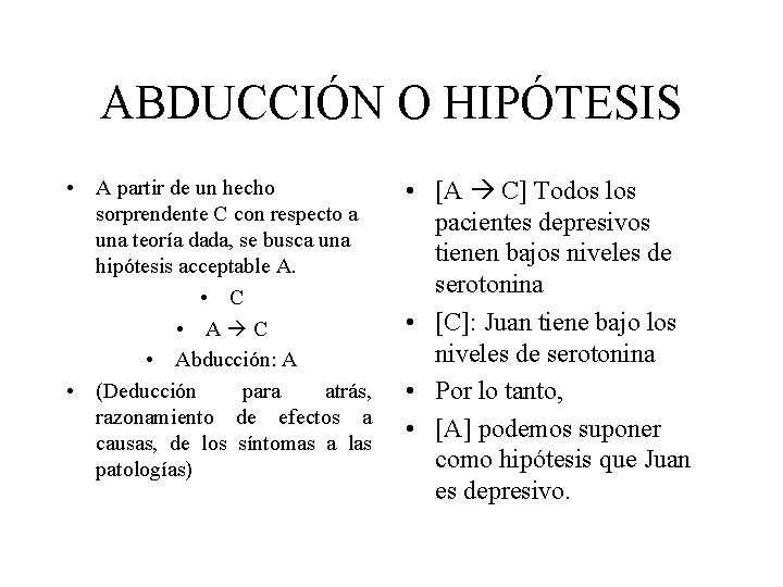 ABDUCCIÓN O HIPÓTESIS • A partir de un hecho sorprendente C con respecto a ABDUCCIÓN O HIPÓTESIS • A partir de un hecho sorprendente C con respecto a