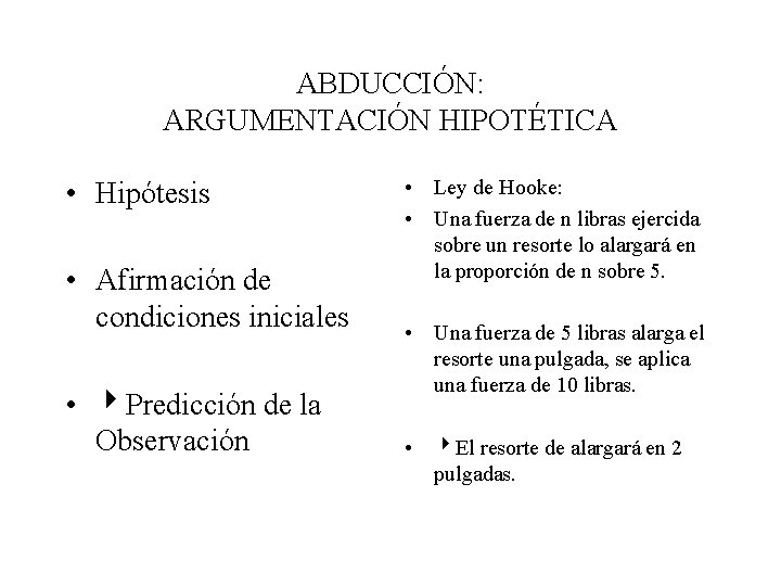 ABDUCCIÓN: ARGUMENTACIÓN HIPOTÉTICA • Hipótesis • Afirmación de condiciones iniciales • Predicción de la ABDUCCIÓN: ARGUMENTACIÓN HIPOTÉTICA • Hipótesis • Afirmación de condiciones iniciales • Predicción de la