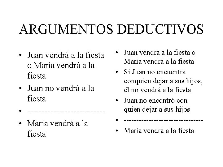 ARGUMENTOS DEDUCTIVOS • Juan vendrá a la fiesta o María vendrá a la fiesta ARGUMENTOS DEDUCTIVOS • Juan vendrá a la fiesta o María vendrá a la fiesta
