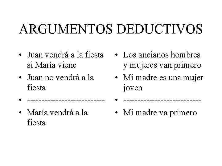 ARGUMENTOS DEDUCTIVOS • Juan vendrá a la fiesta si María viene • Juan no ARGUMENTOS DEDUCTIVOS • Juan vendrá a la fiesta si María viene • Juan no
