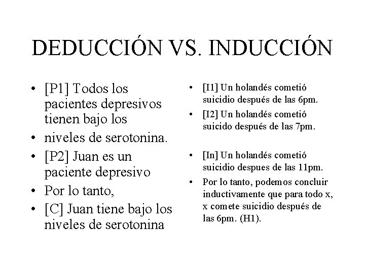 DEDUCCIÓN VS. INDUCCIÓN • [P 1] Todos los pacientes depresivos tienen bajo los •
