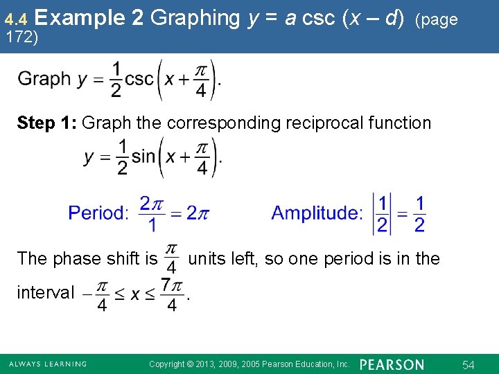 4. 4 Example 172) 2 Graphing y = a csc (x – d) (page