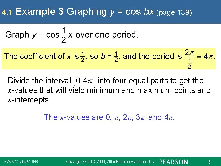 4. 1 Example 3 Graphing y = cos bx (page 139) The coefficient of