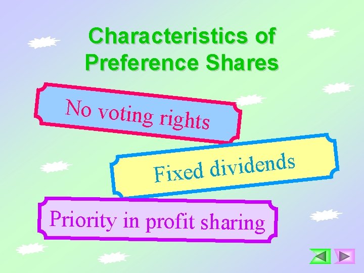 Characteristics of Preference Shares No voting ri ghts s d n e d i