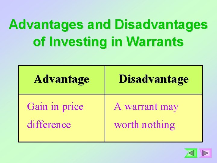 Advantages and Disadvantages of Investing in Warrants Advantage Disadvantage Gain in price A warrant