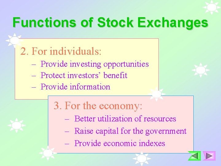 Functions of Stock Exchanges 2. For individuals: – Provide investing opportunities – Protect investors’