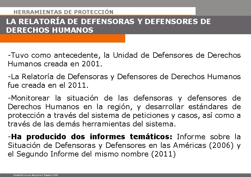 HERRAMIENTAS DE PROTECCIÓN LA RELATORÍA DE DEFENSORAS Y DEFENSORES DE DERECHOS HUMANOS -Tuvo como