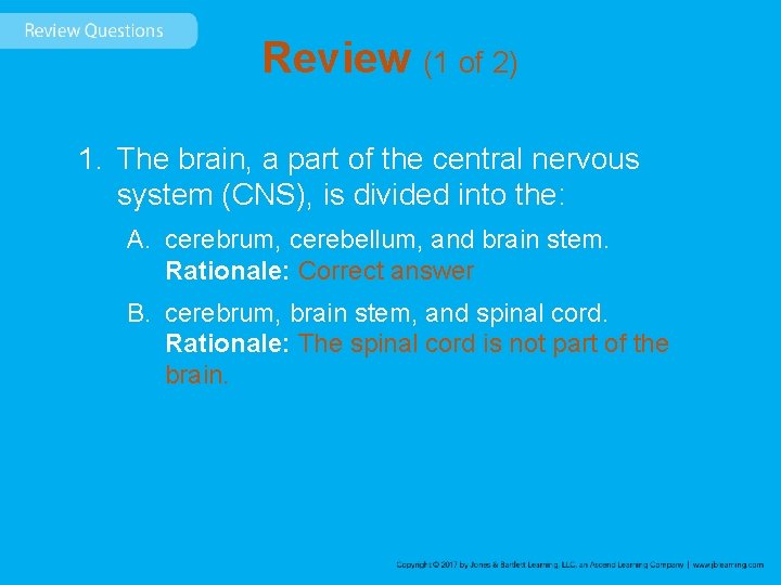 Review (1 of 2) 1. The brain, a part of the central nervous system