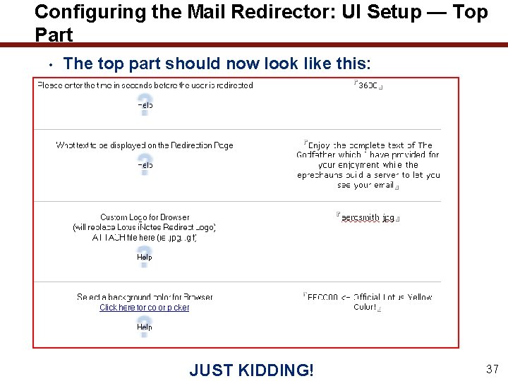 Configuring the Mail Redirector: UI Setup — Top Part • The top part should