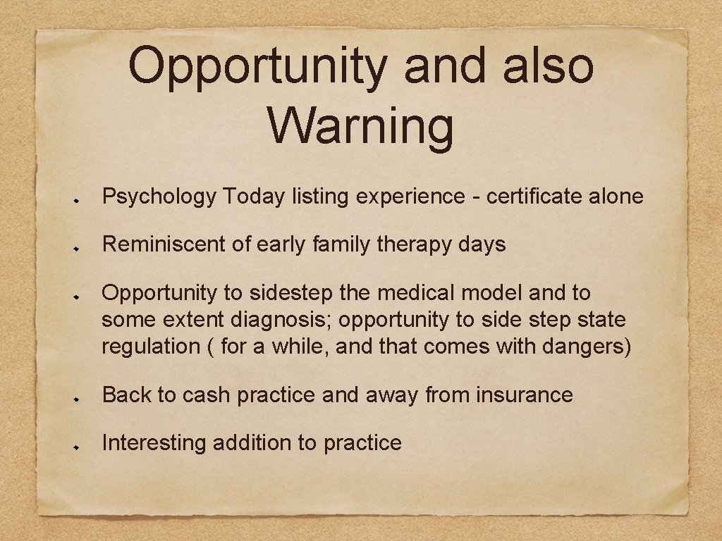 Opportunity and also Warning Psychology Today listing experience - certificate alone Reminiscent of early