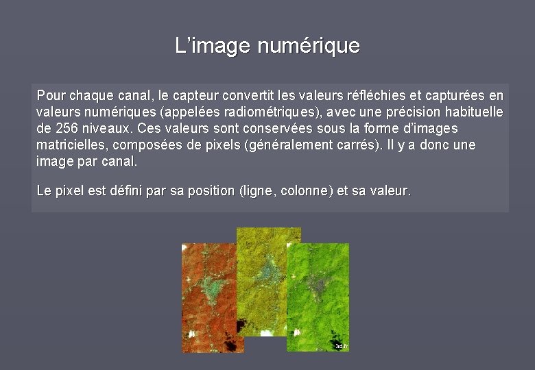 L’image numérique Pour chaque canal, le capteur convertit les valeurs réfléchies et capturées en