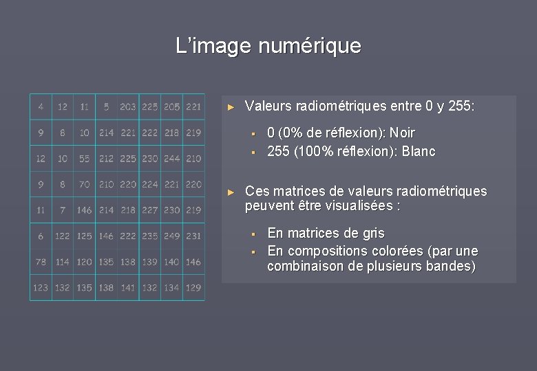 L’image numérique ► Valeurs radiométriques entre 0 y 255: § § ► 0 (0%