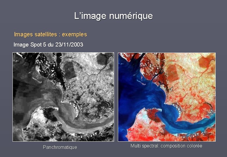 L’image numérique Images satellites : exemples Image Spot 5 du 23/11/2003 Panchromatique Multi spectral: