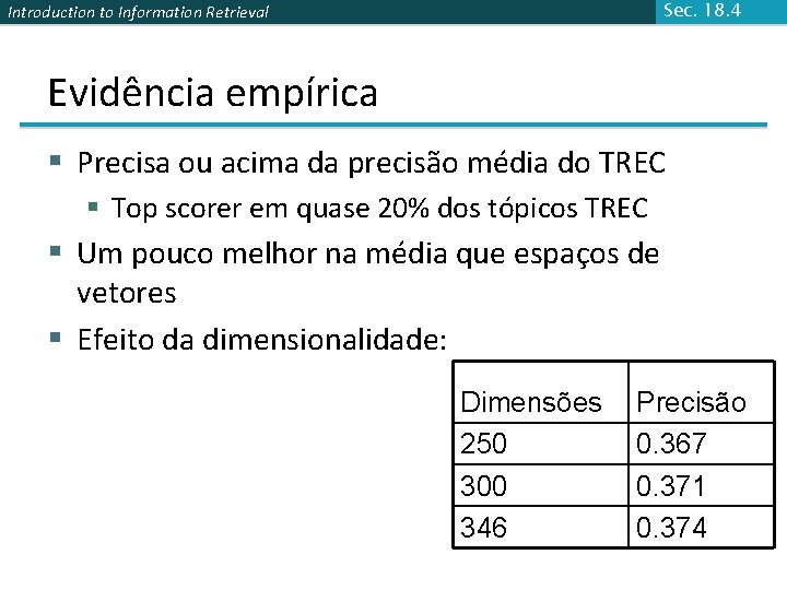 Sec. 18. 4 Introduction to Information Retrieval Evidência empírica § Precisa ou acima da