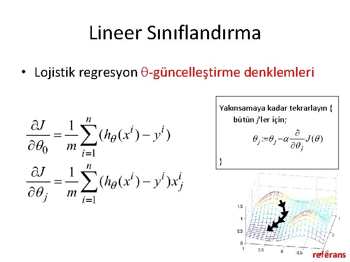 Lineer Sınıflandırma • Lojistik regresyon -güncelleştirme denklemleri Yakınsamaya kadar tekrarlayın { bütün j’ler için;