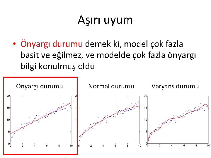 Aşırı uyum • Önyargı durumu demek ki, model çok fazla basit ve eğilmez, ve