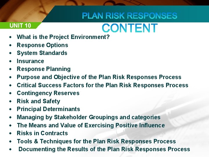 UNIT 10 What is the Project Environment? Response Options System Standards Insurance Response Planning