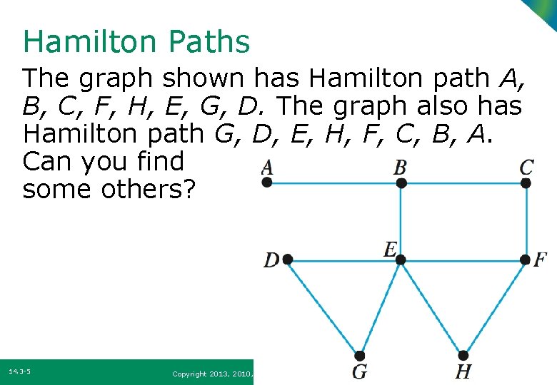 Hamilton Paths The graph shown has Hamilton path A, B, C, F, H, E,