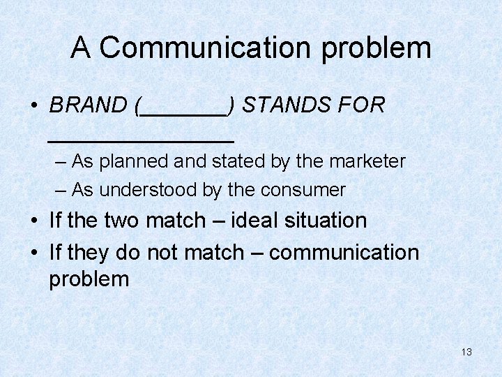 A Communication problem • BRAND (_______) STANDS FOR ________ – As planned and stated