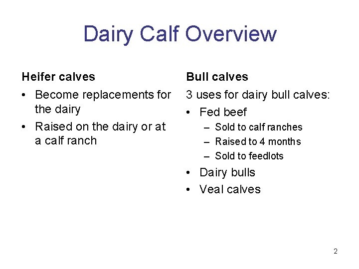Dairy Calf Overview Heifer calves Bull calves • Become replacements for 3 uses for